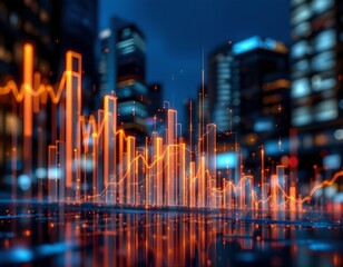 Analyzing urban financial trends through data visualization city skyline infographic nighttime aerial view economic insights