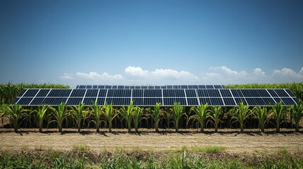 Aerial shot of a sugarcane farm with solar panels, a large water tank, and well-maintained irrigation systems