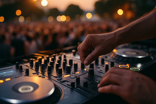 A DJ mixes music at an outdoor festival during sunset. The crowd is blurred in the background, creating a lively atmosphere.