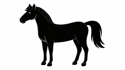 Illustration of a solid black horse standing in profile with a flowing mane and tail design in simple style created with generated ai