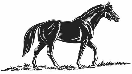 Elegant black horse with bridle walking gracefully through grass in a monochrome illustration created with generated ai