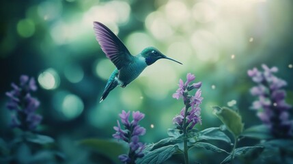 Fototapeta premium A hummingbird in flight, amidst purple flowers. Soft focus, dreamy colors