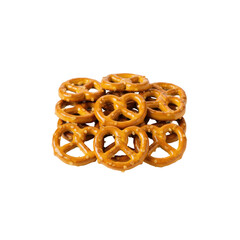 A stack of golden-brown pretzels arranged neatly on a black background, ideal for snack promotion