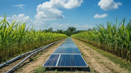 Aerial shot of a sugarcane farm with solar panels, a large water tank, and well-maintained irrigation systems