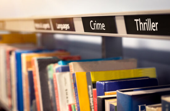 Crime and thriller book novels stacked on fiction shelf under categories. Reading library or bookstore scene depicting storybooks by various authors.