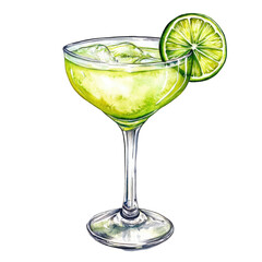 Watercolor Illustration of Margarita Cocktail Glass with Lime Slice Isolated on White Background