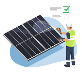 Engineer inspecting solar panels using a handheld thermal camera to detect hotspots and ensure optimal performance in a renewable energy system isometric © AllahFoto