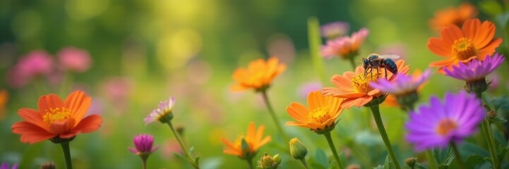 Vibrant wildflowers bloom, attracting diverse insects , meadow, close-up, botanical