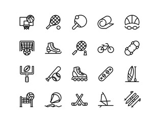 Sports Vector Icon Set | Adjustable Line Weight | Basketball, tennis, soccer, cycling, skateboarding, yoga, volleyball, baseball, surfing, skiing, skating, hockey, recreation icons