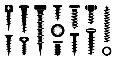 Collection of various silhouetted screw and fastener illustrations