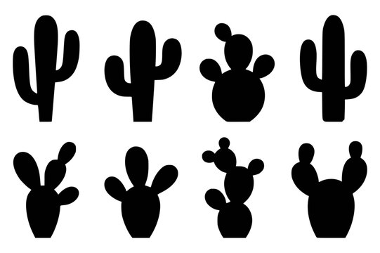 Collection of minimalist black cactus silhouettes on a white background