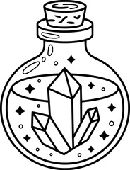 Enchanting potion bottle with crystals and magic black and white illustration