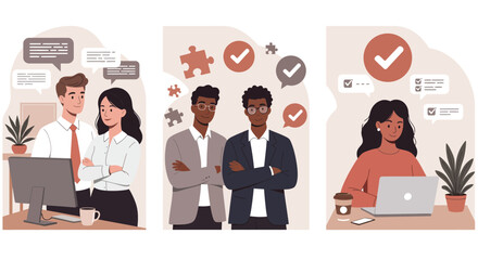 Diverse group of business professionals collaborating in an office setting with speech bubbles indicating communication