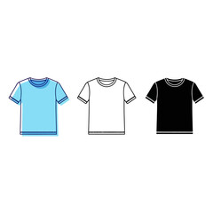 Three t shirts in blue white and black with outlines and short sleeves on a white background