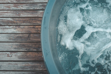 Top view of round jacuzzi with foamy bubbling water, located on rustic wooden terrace, modern outdoor spa, relaxing hydrotherapy concept