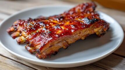 Grilled Ribs with Shiny Barbecue Sauce on a White Plate