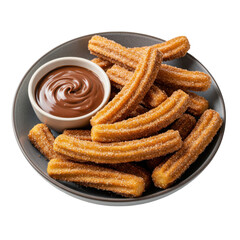 Delicious plate of churros served with rich chocolate sauce on a rustic table