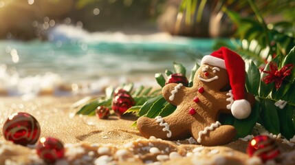 Christmas Gingerbread Man on a Tropical Beach