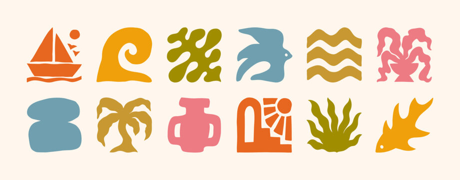 Boho Summer Icons in Retro Style. Groovy Geometric Bird, Sun, Sea Wave, Palm Tree and Flower. Vector Abstract Square Tropical Illustrations in Freehand for Logo, Patterns, Print, Stickers