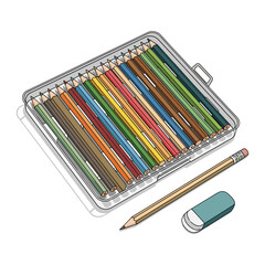Fototapeta premium Illustration of colored pencils in a transparent tray with pencil and eraser, art supplies