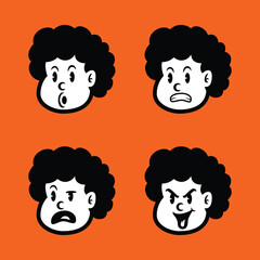Cartoon afro boy character set with four different facial expressions: happy, angry, silly, and sad. Vector illustration on orange background, perfect for emoji or sticker pack