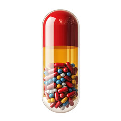 Red and Clear Capsule Filled with Multicolored Tablets Medicine Health and on transparent background