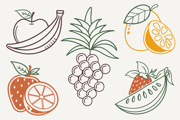 Collection of line art fruit illustrations