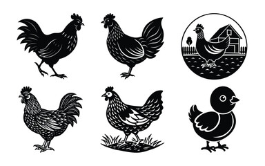 Chickens silhouette vector bundle on white background
