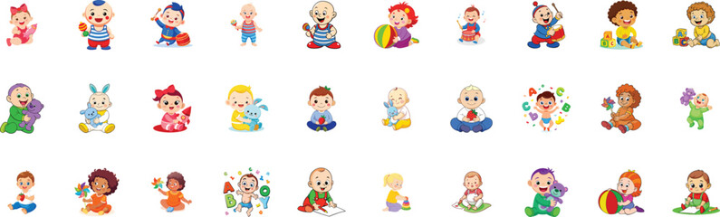 Cute Cartoon Baby Characters Playing with Toys, Vector Set for Kids,colorful collection of cartoon baby characters playing with toys, musical instruments, and learning items
