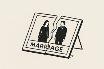 cracked photo frame showing man and woman separated with marriage label