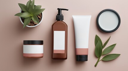 Botanical ingredients in health products displayed on a soft pink background, featuring various containers, a succulent plant, and natural elements for wellness and beauty