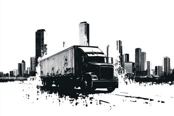 Obraz premium Cargo truck driving through a cityscape featuring modern skyscrapers and urban structures in a dynamic black and white illustration