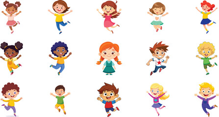 Happy Jumping Kids Cartoon Set, Cute Children Playing & Dancing Vector Illustration