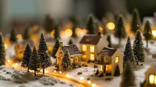 Minature village at night with lit houses and trees.