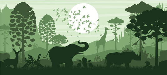 Evening forest and animal silhouettes.