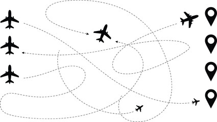 Airplane flight paths, aviation route concept, vector illustration, travel destination icons, jet trajectory design, global air traffic, journey lines