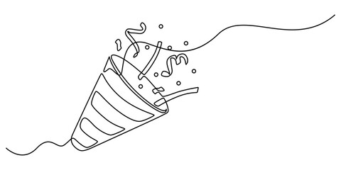 Party popper in continuous line drawing. Celebration-themed illustration on a white background, party popper continuous one line drawing, confetti party popper icon, fireworks logo, flat design. pro.