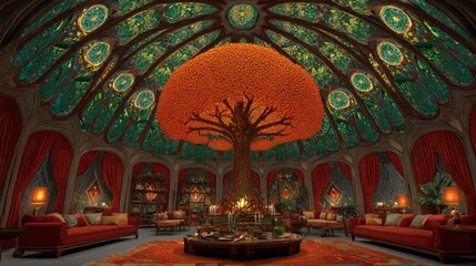 Obraz premium Tree in Stained Glass Dome Room with Sofas
