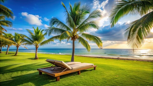 A serene beach bed setup on a lush green lawn overlooking the vast expanse of the seashore, with a few palm trees swaying gently in the breeze , serenity, nature scenery