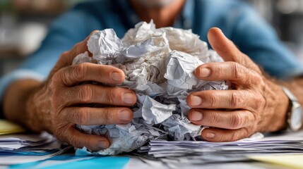 Frustration and stress during writing process reflected in hands holding crumpled paper on cluttered desk