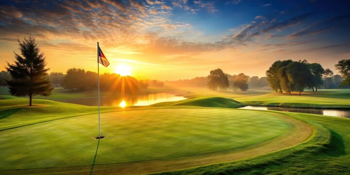 Golf course hole with flag at sunrise in a serene natural setting, green grass, , green grass,,par three,wildlife