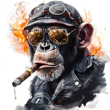 Intense detailed illustration of a cool rebellious monkey wea a leather jacket aviator sunglasses a helmet and smoking a cigar with flames background