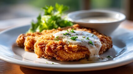 Crispy Breaded Cutlet with Creamy Sauce and Fresh Herbs