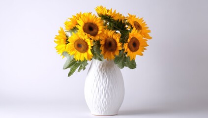 A bouquet of sunflowers arranged in a white ceramic vase, isolated beautifully on a white backdrop.