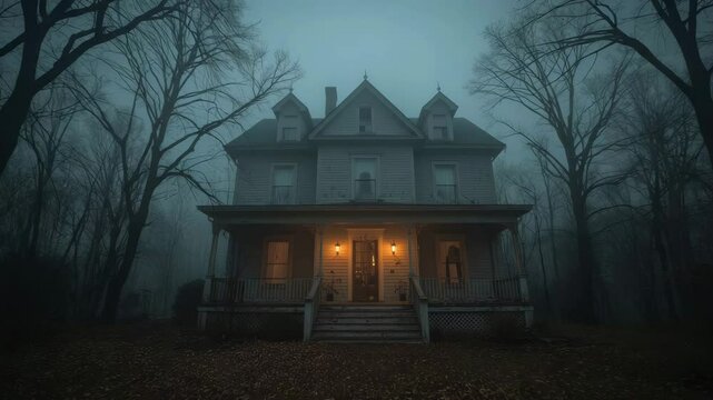 Mysterious Foggy Haunted House in the Woods at Dusk