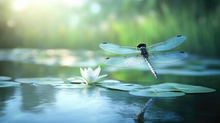 A dragonfly hovers above a serene pond.  Soft sunlight filters through lush foliage, highlighting a white water lily