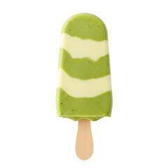 Green and white striped ice cream popsicle on a wooden stick against a plain background