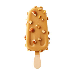 Delicious ice cream bar coated with caramel and nuts, isolated on a clean background