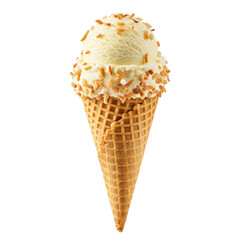 Delicious ice cream cone topped with nuts, set against a plain background