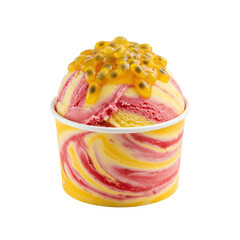 Colorful ice cream cup with passion fruit topping, set against a plain background